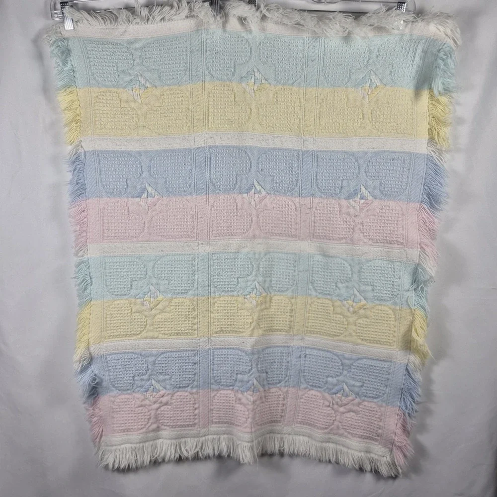 Vintage Pastel‎ Hearts Baby Blanket Fringe Waffle Knit Pink Blue Unisex